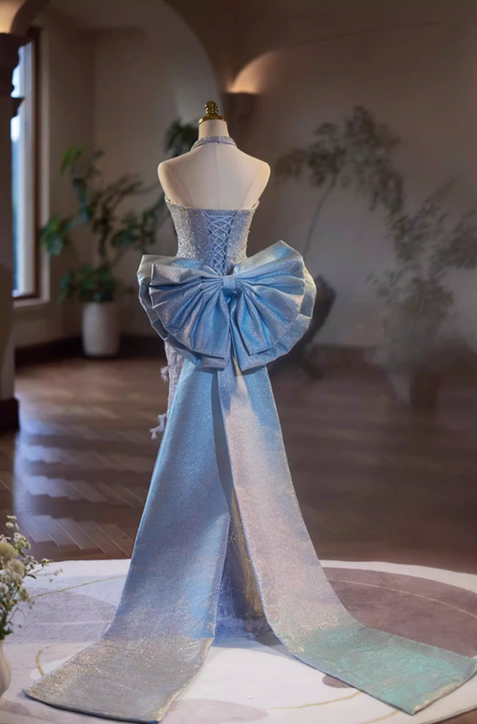 Avant-Garde Strapless Evening Mermaid Dress With Bow Train Sequins Beading Feather Prom Dress AP5342
