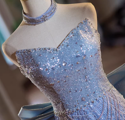 Avant-Garde Strapless Evening Mermaid Dress With Bow Train Sequins Beading Feather Prom Dress AP5342