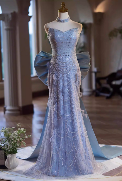 Avant-Garde Strapless Evening Mermaid Dress With Bow Train Sequins Beading Feather Prom Dress AP5342