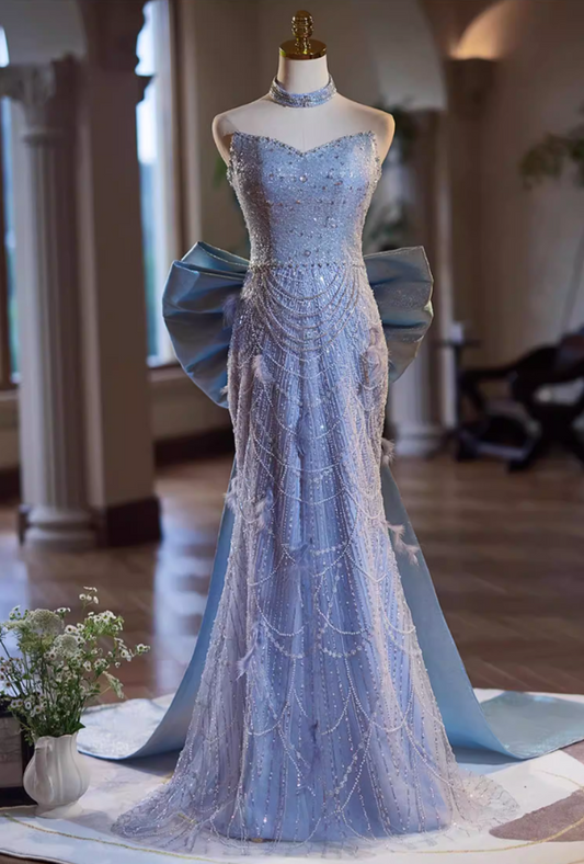 Avant-Garde Strapless Evening Mermaid Dress With Bow Train Sequins Beading Feather Prom Dress AP5342