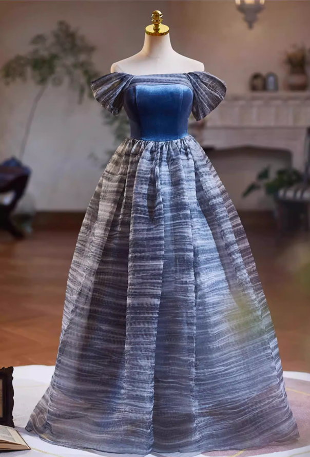 Eye-Catching Off-Shoulder A-Line Sweet 16th Dresses Stripes Tulle Prom Dress AP5343