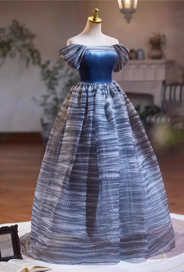 Eye-Catching Off-Shoulder A-Line Sweet 16th Dresses Stripes Tulle Prom Dress AP5343
