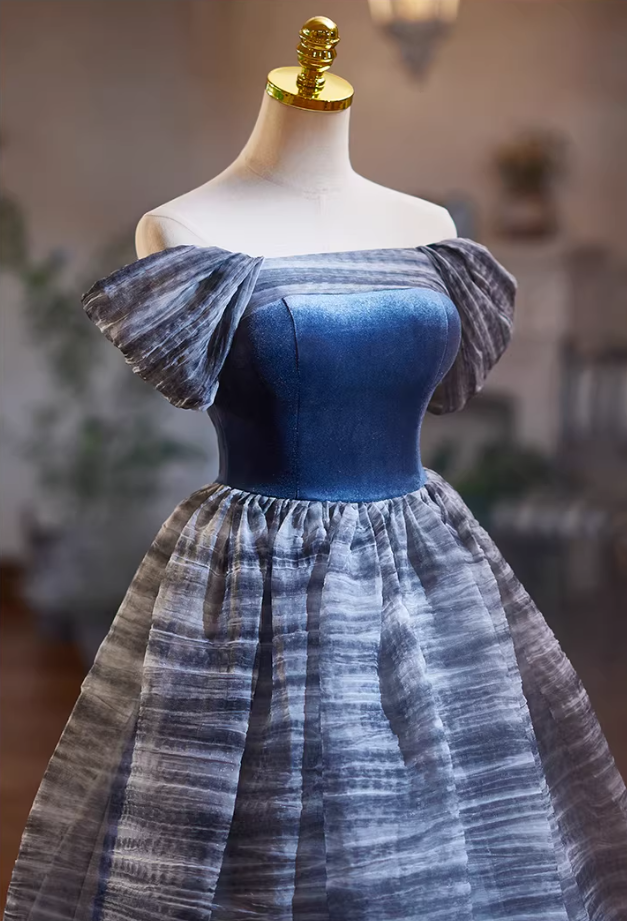 Eye-Catching Off-Shoulder A-Line Sweet 16th Dresses Stripes Tulle Prom Dress AP5343