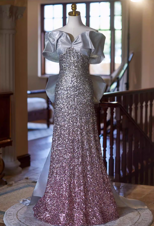 Sleek A-Line Off-Shoulder Sweet 16th Dresses With Tulle Train Ombre Sequins Prom Dress AP5346