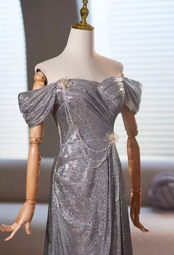 Cozy Sheath Off-Shoulder Silver Sweet 16th Dresses Beading Floral Sequins Prom Dress AP5348