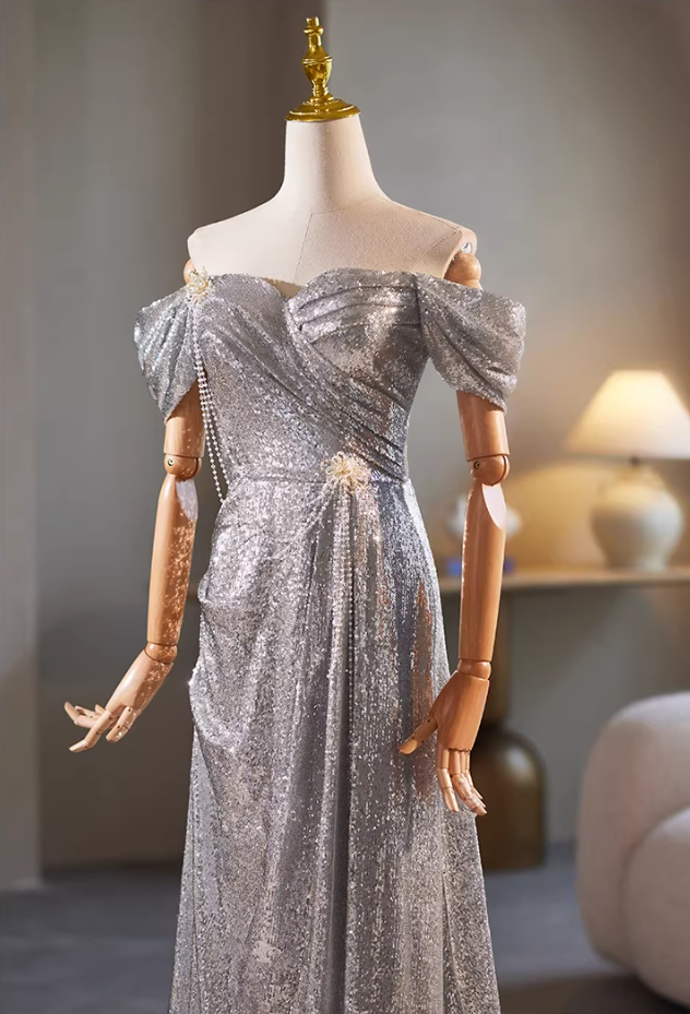 Cozy Sheath Off-Shoulder Silver Sweet 16th Dresses Beading Floral Sequins Prom Dress AP5348
