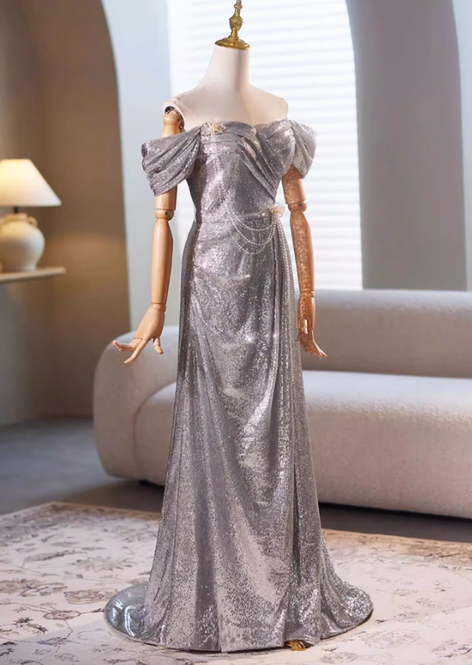 Cozy Sheath Off-Shoulder Silver Sweet 16th Dresses Beading Floral Sequins Prom Dress AP5348