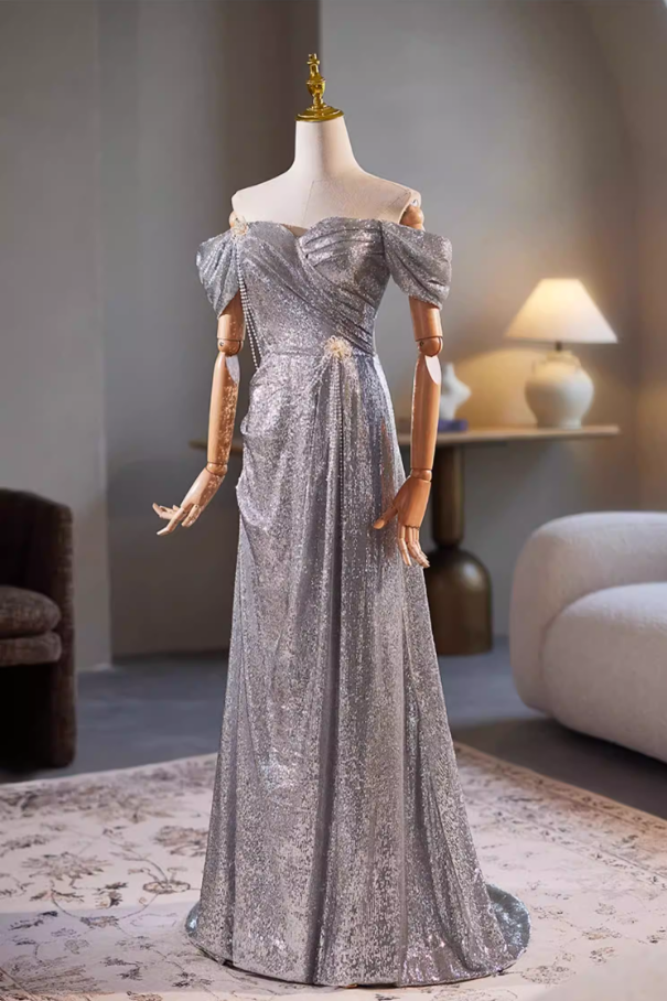 Cozy Sheath Off-Shoulder Silver Sweet 16th Dresses Beading Floral Sequins Prom Dress AP5348