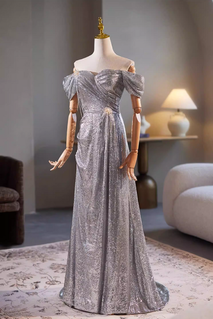 Cozy Sheath Off-Shoulder Silver Sweet 16th Dresses Beading Floral Sequins Prom Dress AP5348