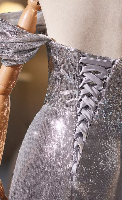 Cozy Sheath Off-Shoulder Silver Sweet 16th Dresses Beading Floral Sequins Prom Dress AP5348