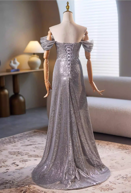 Cozy Sheath Off-Shoulder Silver Sweet 16th Dresses Beading Floral Sequins Prom Dress AP5348