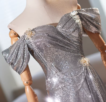 Cozy Sheath Off-Shoulder Silver Sweet 16th Dresses Beading Floral Sequins Prom Dress AP5348