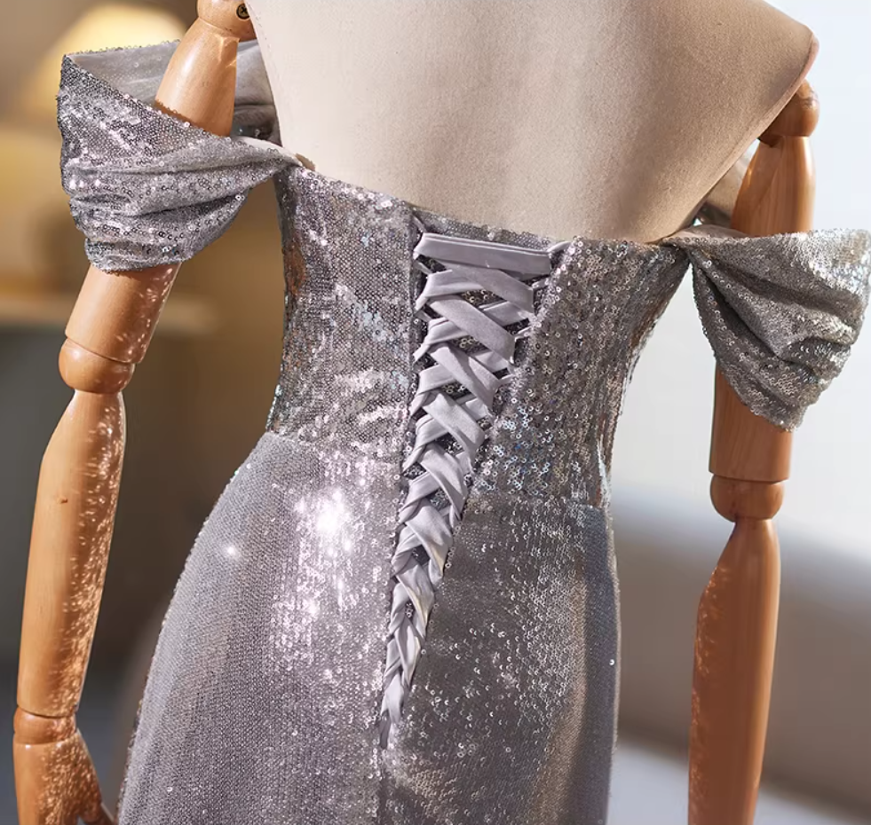 Cozy Sheath Off-Shoulder Silver Sweet 16th Dresses Beading Floral Sequins Prom Dress AP5348