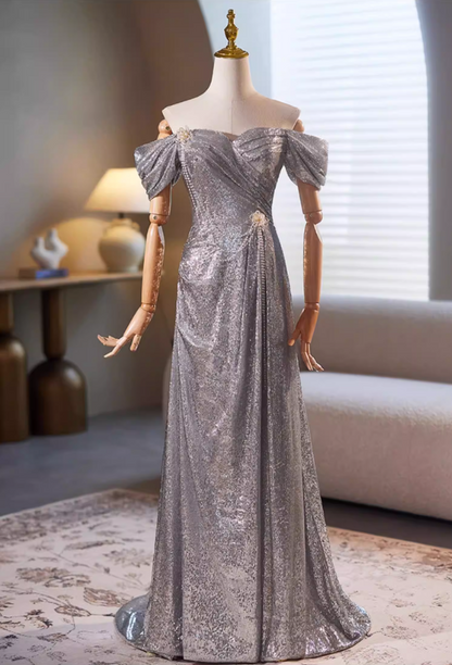Cozy Sheath Off-Shoulder Silver Sweet 16th Dresses Beading Floral Sequins Prom Dress AP5348