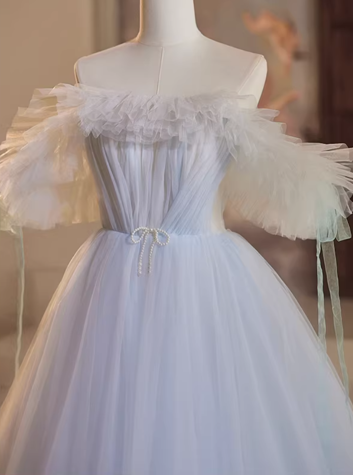 Minimalist A-Line One Shoulder Sweet 16th Gowns Beaded Bow Pleated Tulle Prom Dress AP5349