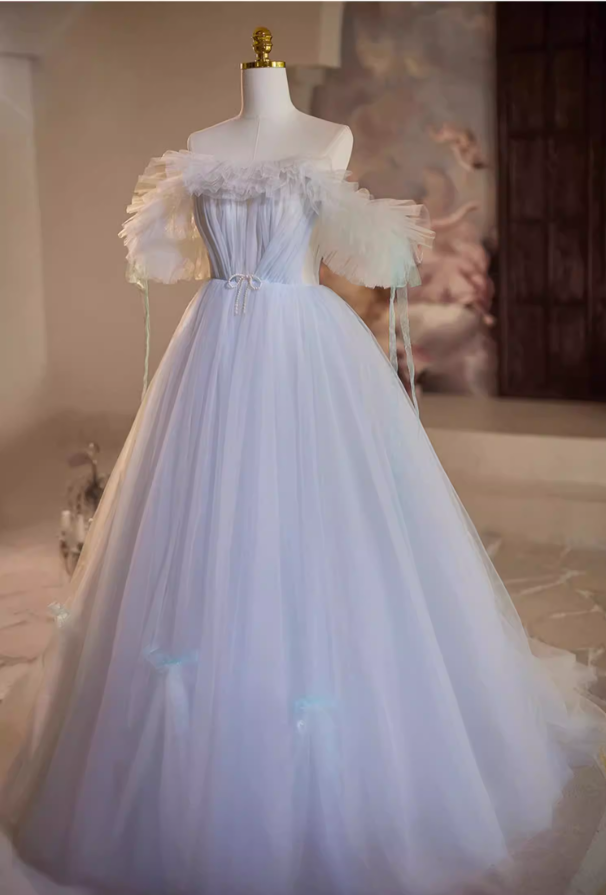 Minimalist A-Line One Shoulder Sweet 16th Gowns Beaded Bow Pleated Tulle Prom Dress AP5349