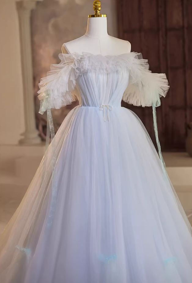 Minimalist A-Line One Shoulder Sweet 16th Gowns Beaded Bow Pleated Tulle Prom Dress AP5349
