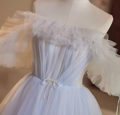 Minimalist A-Line One Shoulder Sweet 16th Gowns Beaded Bow Pleated Tulle Prom Dress AP5349