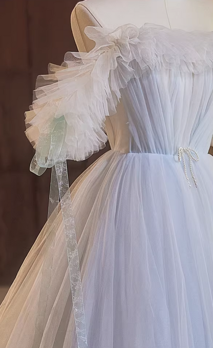 Minimalist A-Line One Shoulder Sweet 16th Gowns Beaded Bow Pleated Tulle Prom Dress AP5349