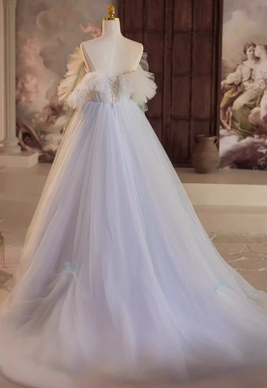 Minimalist A-Line One Shoulder Sweet 16th Gowns Beaded Bow Pleated Tulle Prom Dress AP5349