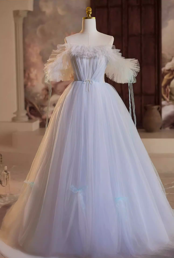 Minimalist A-Line One Shoulder Sweet 16th Gowns Beaded Bow Pleated Tulle Prom Dress AP5349