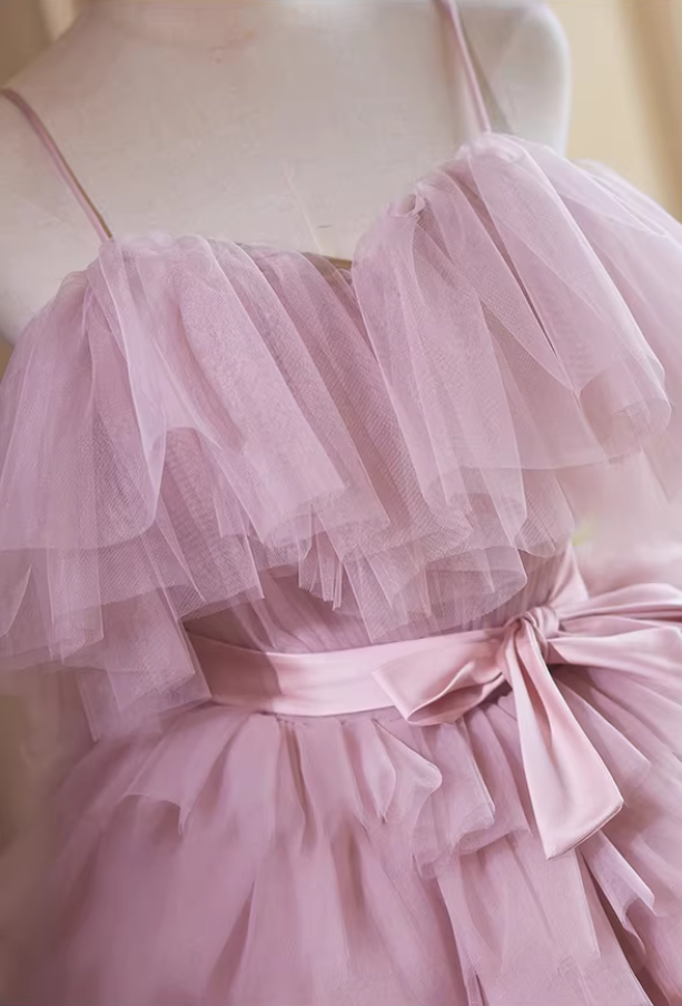 Romantic A-Line Spaghetti Strap Evening Gowns Bow Tiered Tulle Prom Dress AP5351