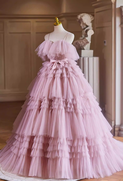 Romantic A-Line Spaghetti Strap Evening Gowns Bow Tiered Tulle Prom Dress AP5351