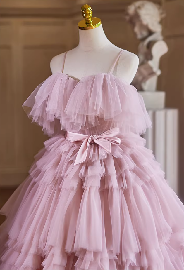 Romantic A-Line Spaghetti Strap Evening Gowns Bow Tiered Tulle Prom Dress AP5351