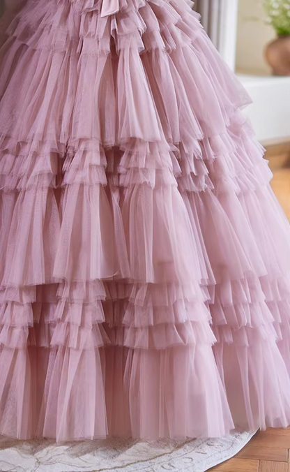Romantic A-Line Spaghetti Strap Evening Gowns Bow Tiered Tulle Prom Dress AP5351
