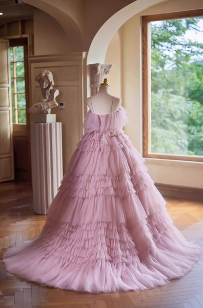 Romantic A-Line Spaghetti Strap Evening Gowns Bow Tiered Tulle Prom Dress AP5351