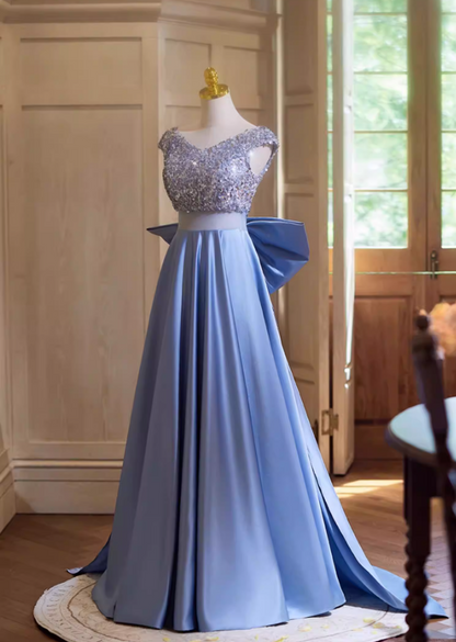 Ornate A-Line V Neck Sweet 16th Gowns With Bow Train Sequins Prom Dress AP5352
