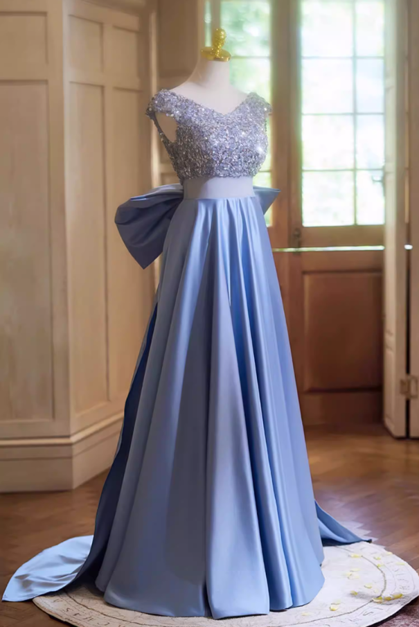 Ornate A-Line V Neck Sweet 16th Gowns With Bow Train Sequins Prom Dress AP5352