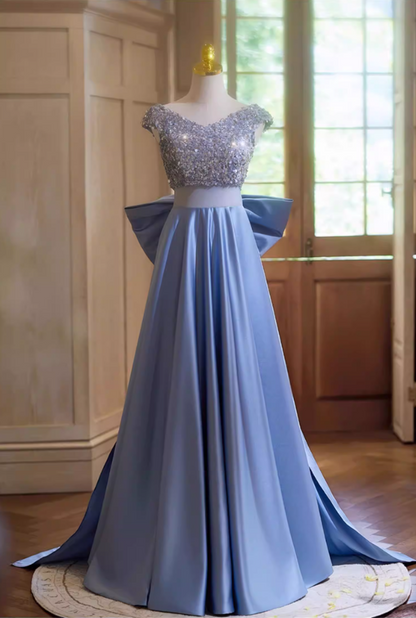 Ornate A-Line V Neck Sweet 16th Gowns With Bow Train Sequins Prom Dress AP5352
