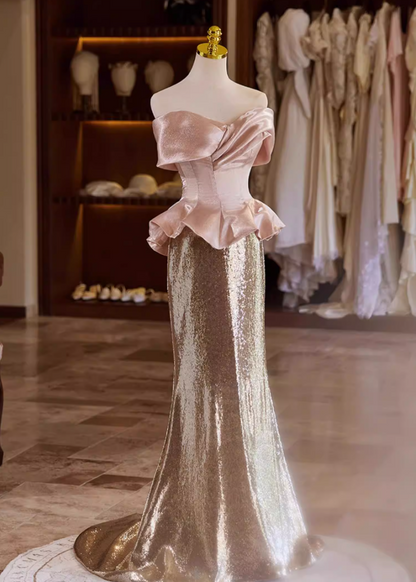Fabulous Off-Shoulder Ruffled Evening Mermaid Dress Satin Sequins Prom Dress AP5353