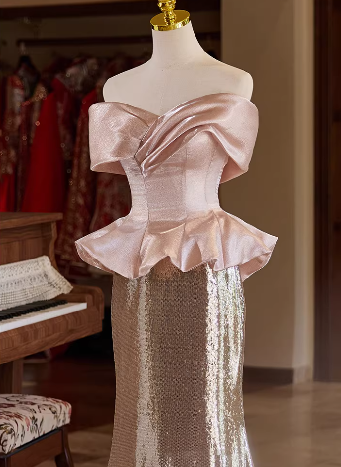 Fabulous Off-Shoulder Ruffled Evening Mermaid Dress Satin Sequins Prom Dress AP5353