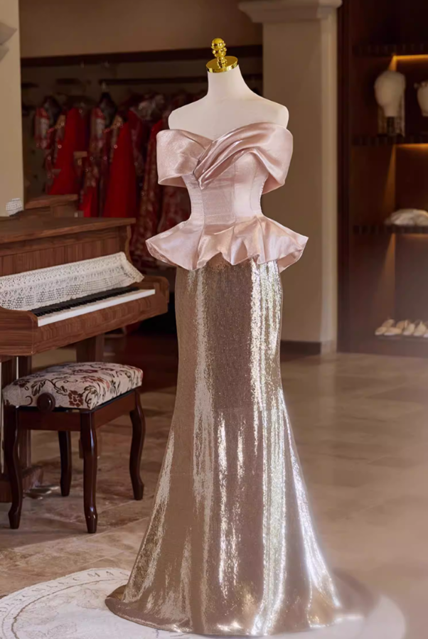 Fabulous Off-Shoulder Ruffled Evening Mermaid Dress Satin Sequins Prom Dress AP5353