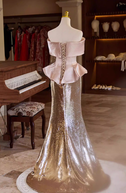 Fabulous Off-Shoulder Ruffled Evening Mermaid Dress Satin Sequins Prom Dress AP5353
