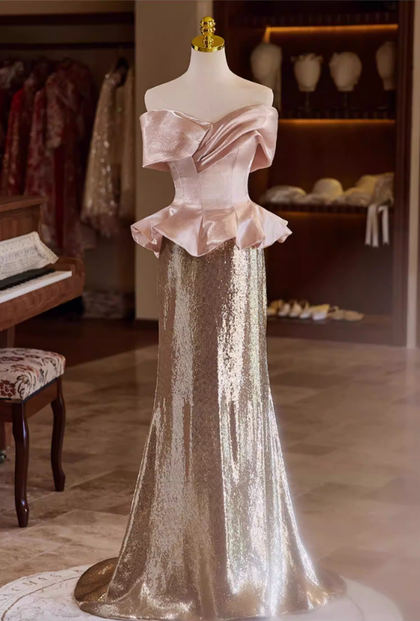 Fabulous Off-Shoulder Ruffled Evening Mermaid Dress Satin Sequins Prom Dress AP5353