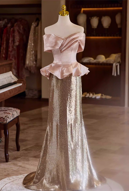Fabulous Off-Shoulder Ruffled Evening Mermaid Dress Satin Sequins Prom Dress AP5353
