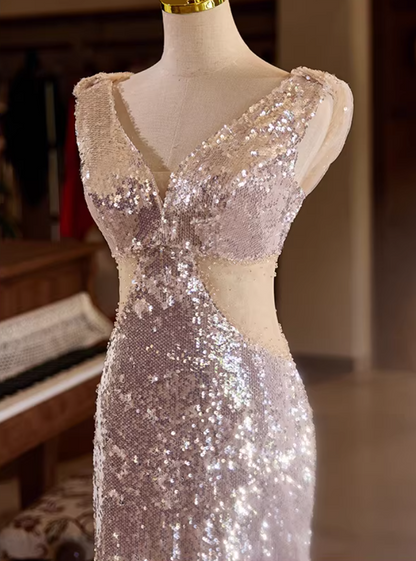 Chic V Neck Evening Mermaid Dress Sequins Prom Dress AP5354