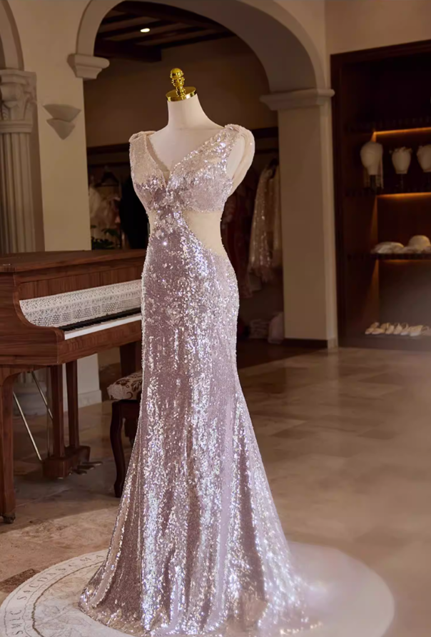Chic V Neck Evening Mermaid Dress Sequins Prom Dress AP5354