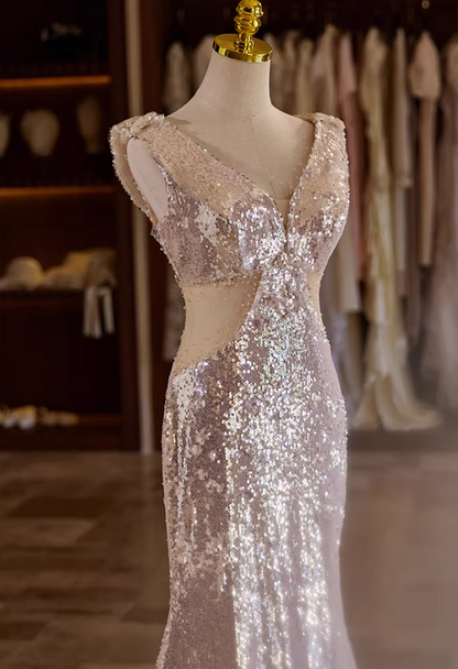 Chic V Neck Evening Mermaid Dress Sequins Prom Dress AP5354