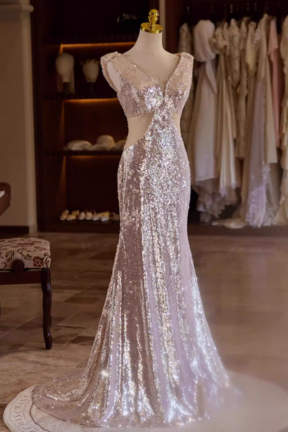 Chic V Neck Evening Mermaid Dress Sequins Prom Dress AP5354