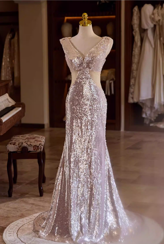 Chic V Neck Evening Mermaid Dress Sequins Prom Dress AP5354