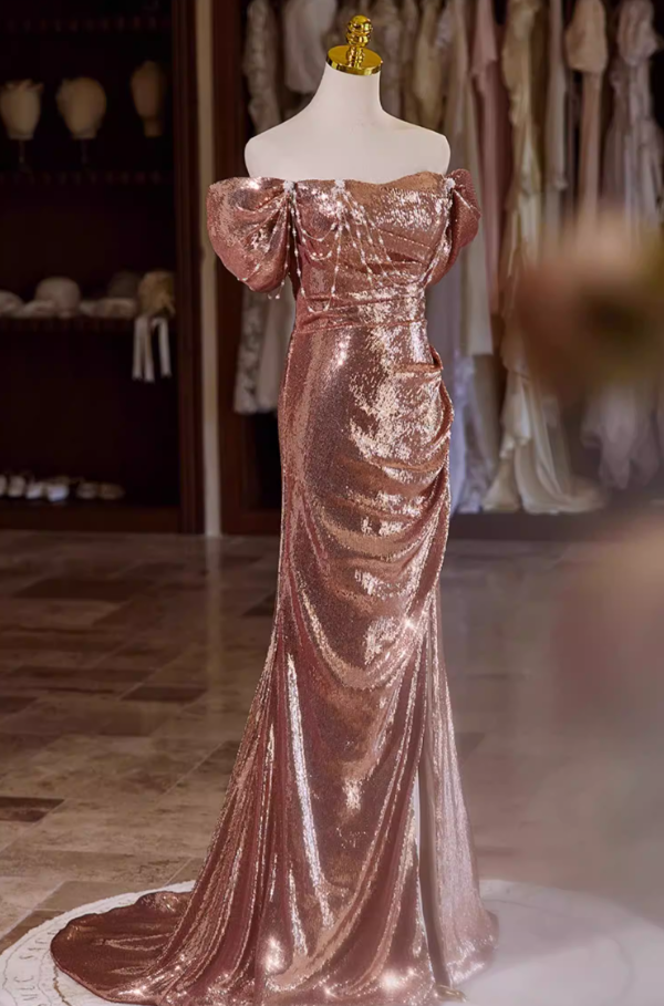 Luxurious Off-Shoulder Draped High-Slit Evening Mermaid Dress Sequins Beading Prom Dress AP5355
