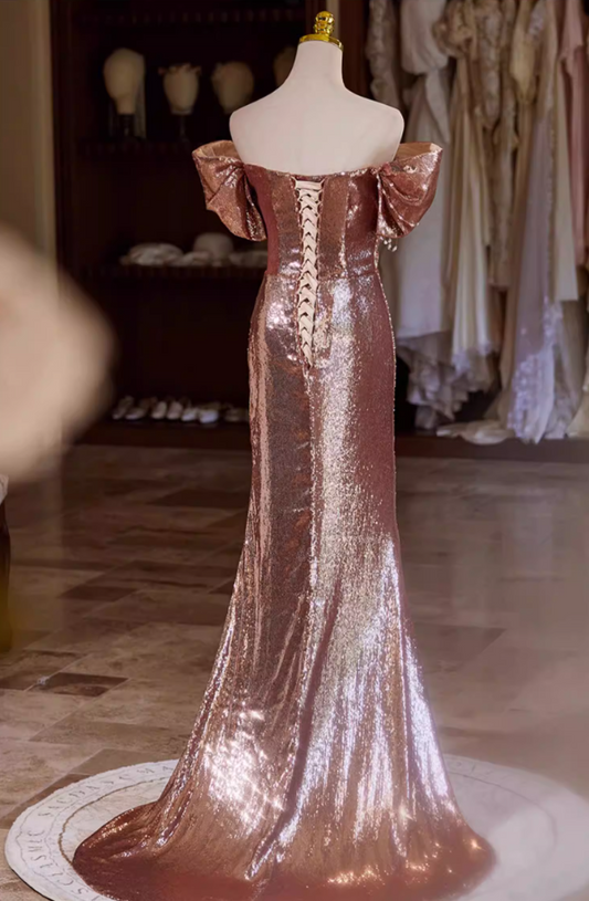 Luxurious Off-Shoulder Draped High-Slit Evening Mermaid Dress Sequins Beading Prom Dress AP5355