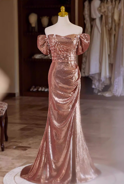 Luxurious Off-Shoulder Draped High-Slit Evening Mermaid Dress Sequins Beading Prom Dress AP5355