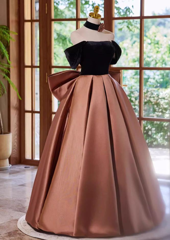 Luxury A-Line Off-Shoulder Sweet 16th Dresses Bow Velvet Satin Prom Dress AP5356