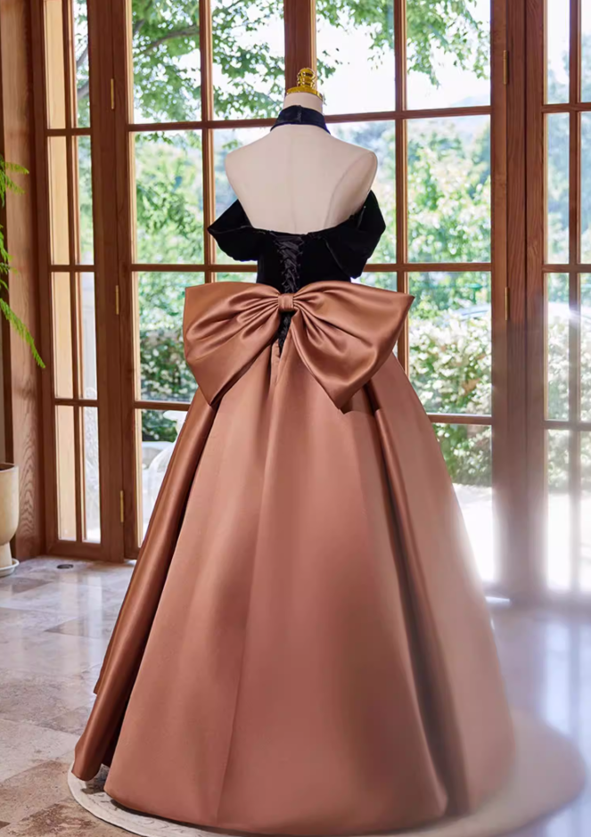 Luxury A-Line Off-Shoulder Sweet 16th Dresses Bow Velvet Satin Prom Dress AP5356