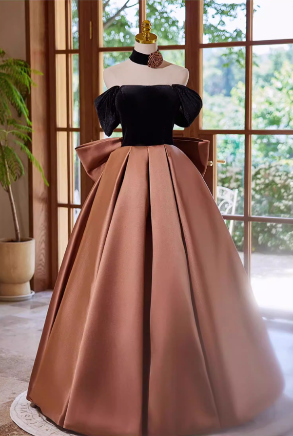 Luxury A-Line Off-Shoulder Sweet 16th Dresses Bow Velvet Satin Prom Dress AP5356